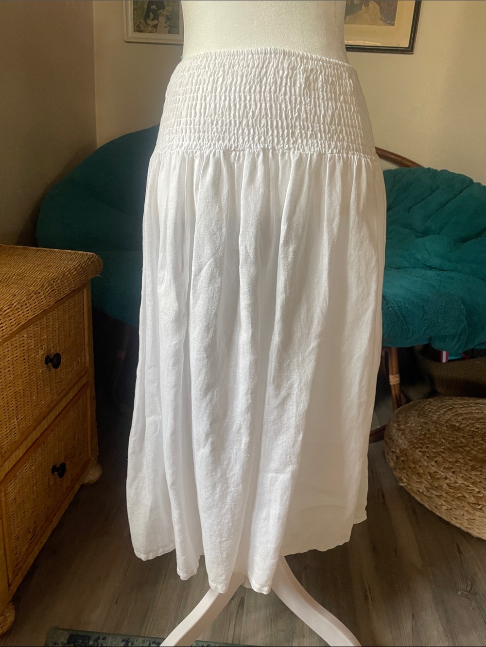 Smocked Linen Midi Skirt